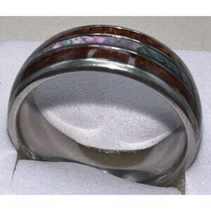 Mens Tungsten Carbide Ring With Wood & Opal Inlay Durable & Stylish Design